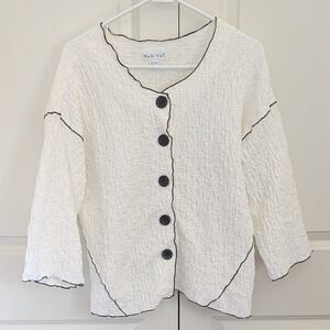 Habitat Clothes to Live In Womens Sz XL White Crinkle Cardigan Jacket Black Trim